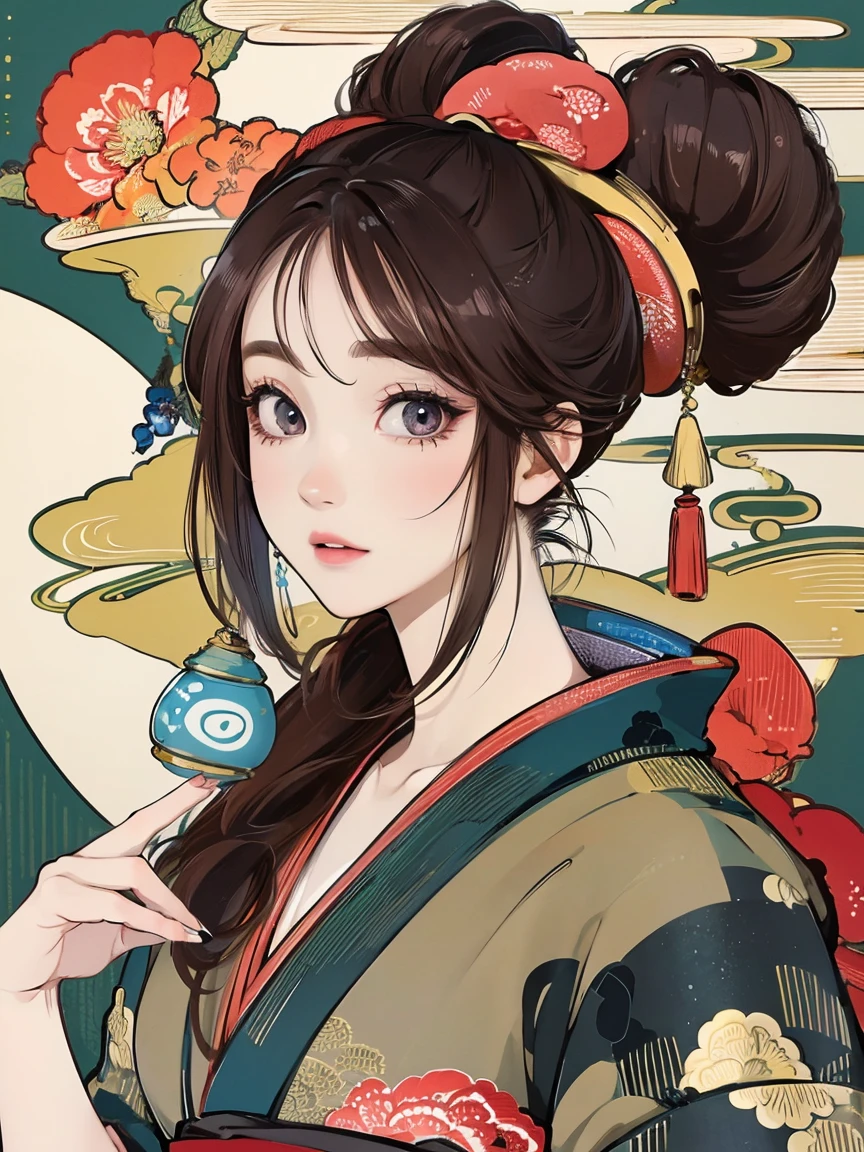 (Highest quality、 8k 、masterpiece、High resolution)、(whole body)、Vibrant colors、Brown-black bob、Traditional topknot、Ample breasts、(Highly detailed face and eyes,Beautiful Face,Beautiful Eyes,Beautiful nose,Pretty lips)、Official Art、Ukiyo-e style、 (Beautiful woman in kimono)、(Vivid floral patterned kimono)、background、river、bridge、Mountain、wood、Starry Sky、moon、plum、Lantern、