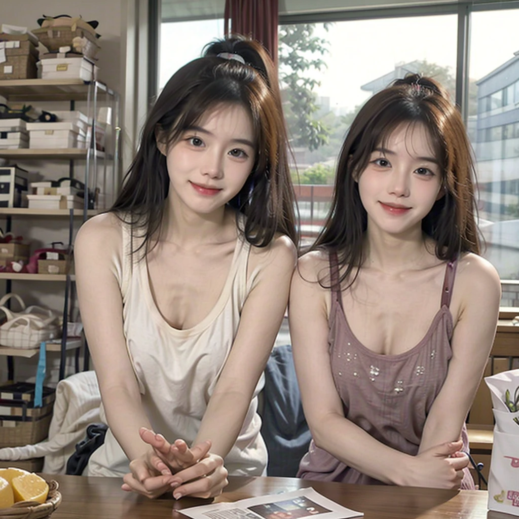 realistic photos of (1 cute Korean star) Shoulder-length hair, thin makeup, medium breasts size, slightly smile, rest one's chin on one's hands, wearing tank top, and shorts, sitting in living room, with cartoon book on the table, vanishing point, caustics, overexposure, sparkle, UHD, super detail, 16k