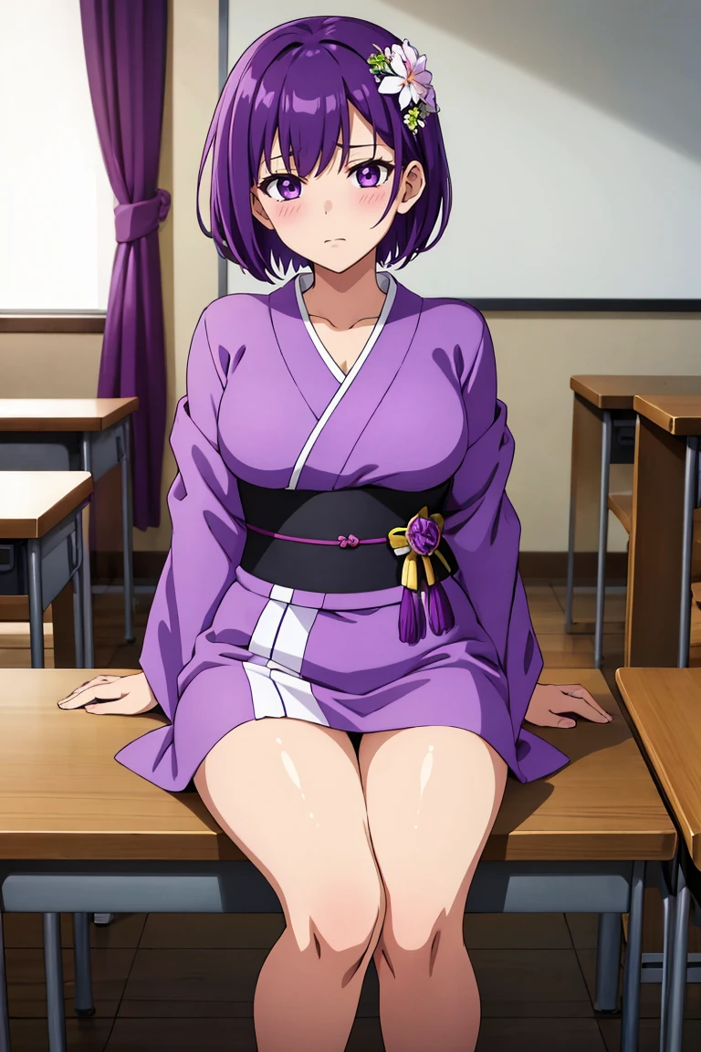 (artwork, best quality) a girl with short purple hair, purple eyes, purple kimono dress with white flowers, medium breasts, hot look, blushing, average height, sitting, in a classroom