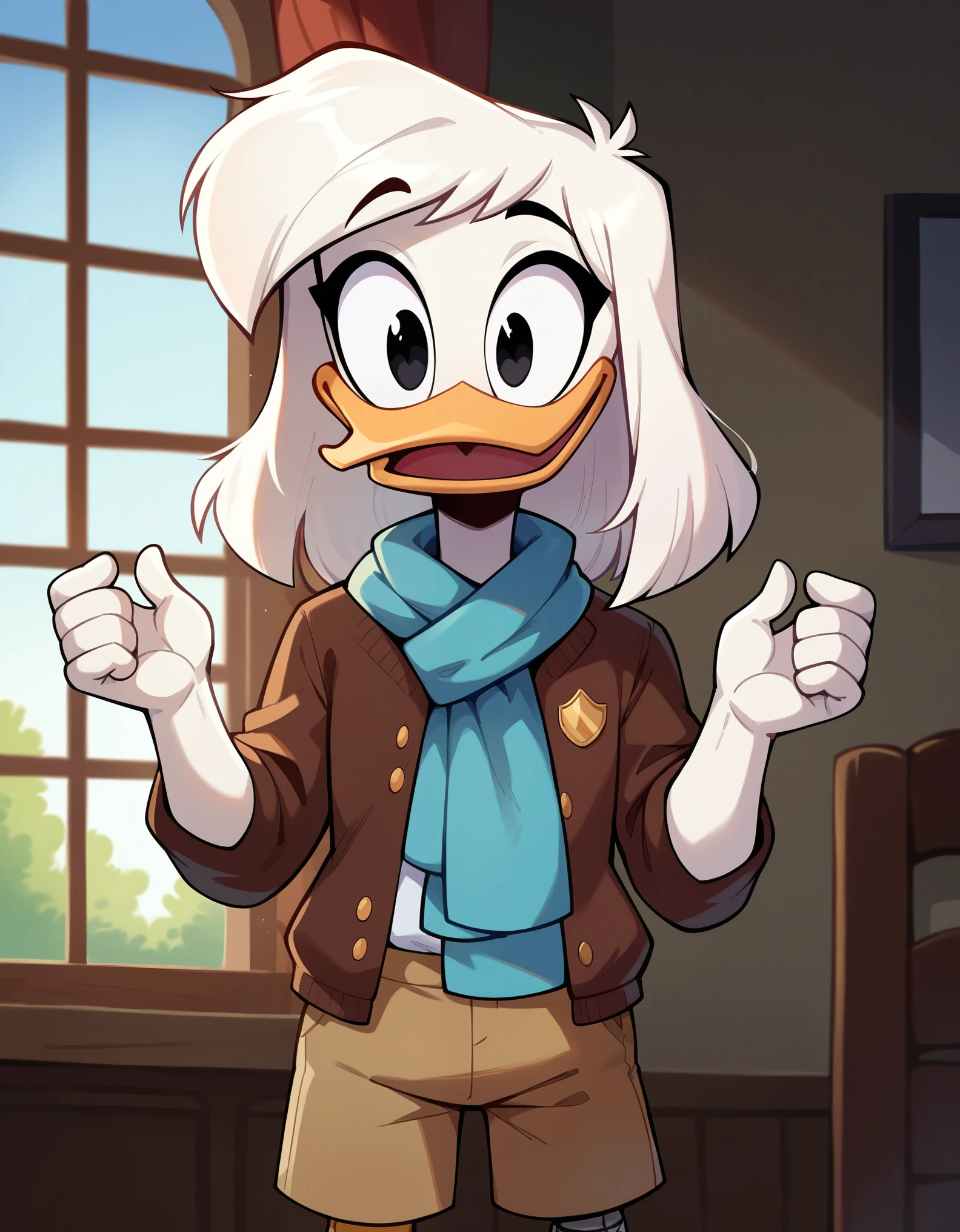 score_9, score_8_up, score_7_up, score_6_up, source_furry, (by ducktales) (by kyurisawa:1.2) (by chelodoy:1) (by ashraely:1) (anthro duck) (white hands:1.1) (della duck1.2) (white hair) (front view:1.2) (black eyes) (wide eyed) (happy) (clothed, clothing:1.3) (prosthetic leg:1.2) (teal scarf) (brown_flight_jacket) (tan shorts) (collar) (white skin:1.2) (solo:1.1) (inside, window) ( morning:1.3) (portrait)