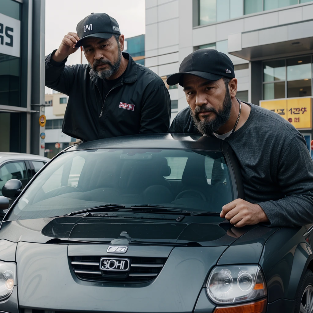 a middle-aged man in a cap with a beard next to a Korean car