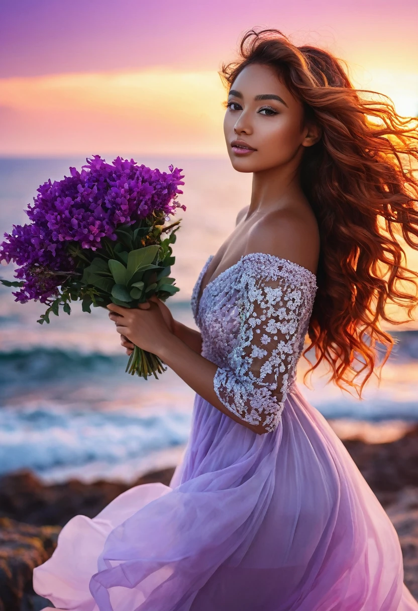 Hide his face with a bouquet of purple flower, Bouquet in front of the face, a beautiful mixed girl, perfect hands and feet, long red wavy hair, hair band, backlighting, black classy dress that flies in the wind, on a white perron with purple flowers, view of the ocean, pink sunset, (best quality,8k,highres,masterpiece:1.2),ultra-detailed,(realistic,photorealistic:1.37),portrait,vivid colors,bokeh