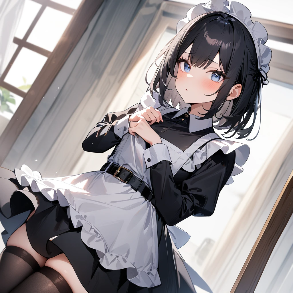 1 girl,black hair,light eyes,blackdress,maidapron,mob cap,puffy_sleeves,maid_apron, belt, thighhighs,masterpiece, best quality, very aesthetic, absurdres