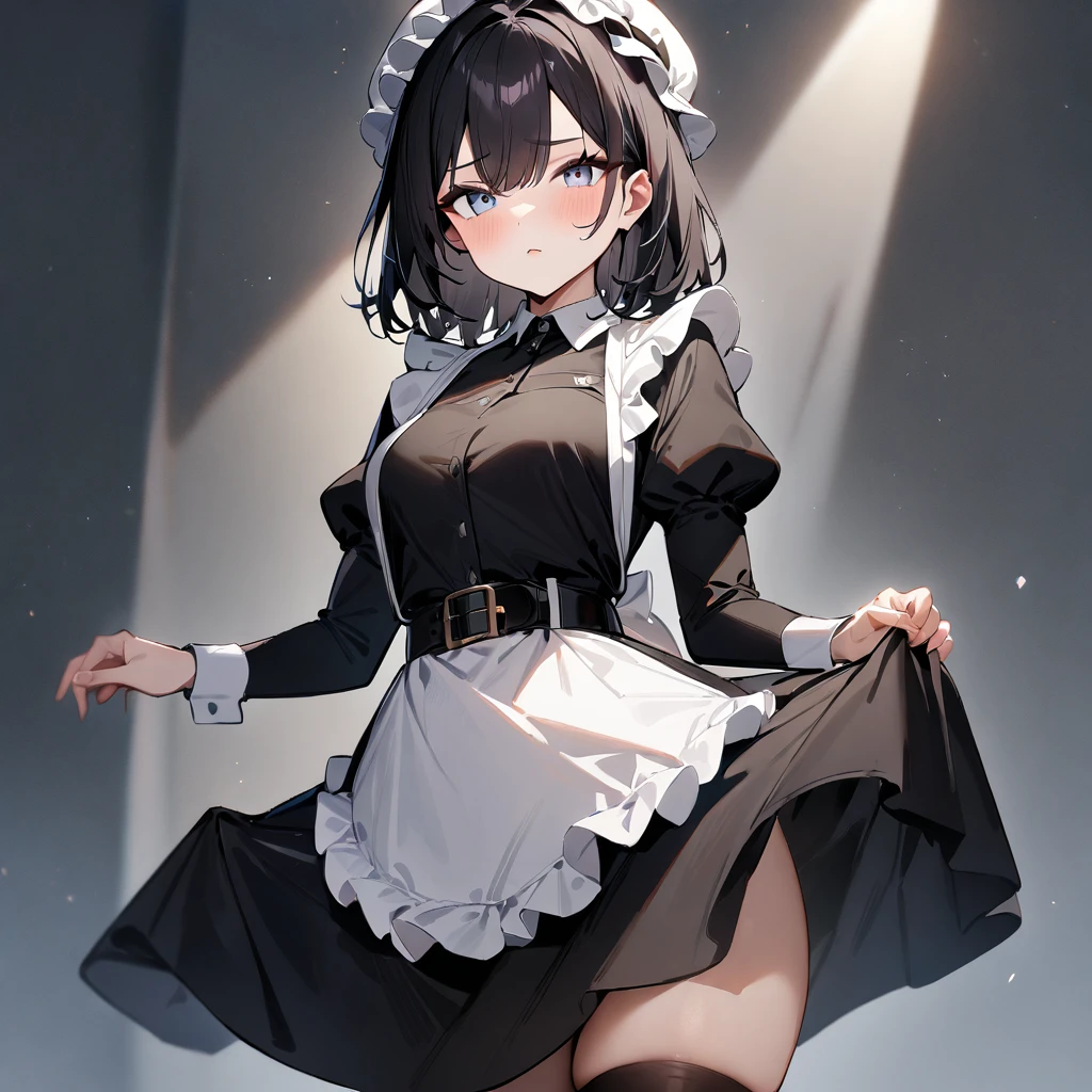 1 girl,black hair,light eyes,blackdress,maidapron,mob cap,puffy_sleeves,maid_apron, belt, thighhighs,masterpiece, best quality, very aesthetic, absurdres
