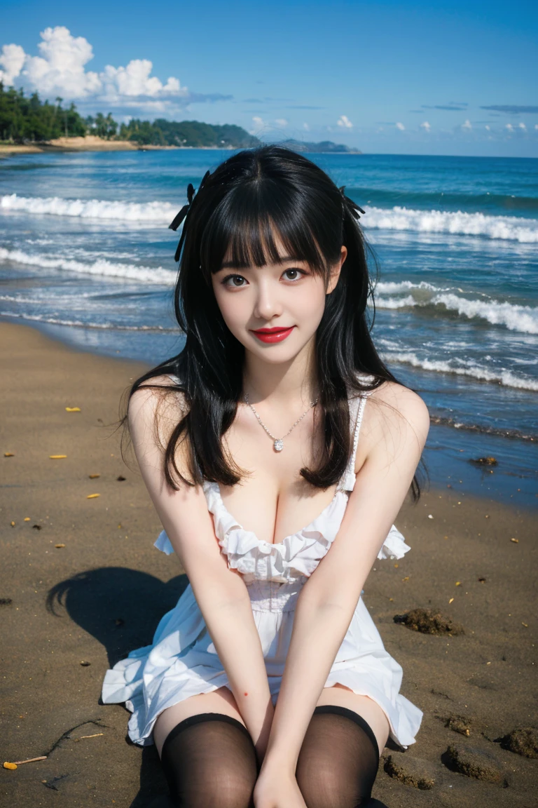 best quality, tmasterpiece,Ultra-high resolution,Clear face,(Reality:1.4),ferpect lighting,(full body), (photorealistic:1.50), anime wallpaper, Guviz style artwork, cover-up fantasy up to magic , by Yang J, Guviz, beautiful artwork illustration, beautiful digital artwork, beautiful digital illustration, Li Song, beautiful anime portrait, art style in Beauvot,1girl, 独奏, bangs, long hair,twintails, hair ribbon, jirai kei attire, jirai kei, black thighhighs, high heels, jewelry, collarbone, earrings,smile, necklace, sitting, (big breasts:1.5), (shagging breasts) Naughty, sexy poses, (From the front:1.3), On the beach, Beach sand, waves, (Beach:1.5),basking under the sun,