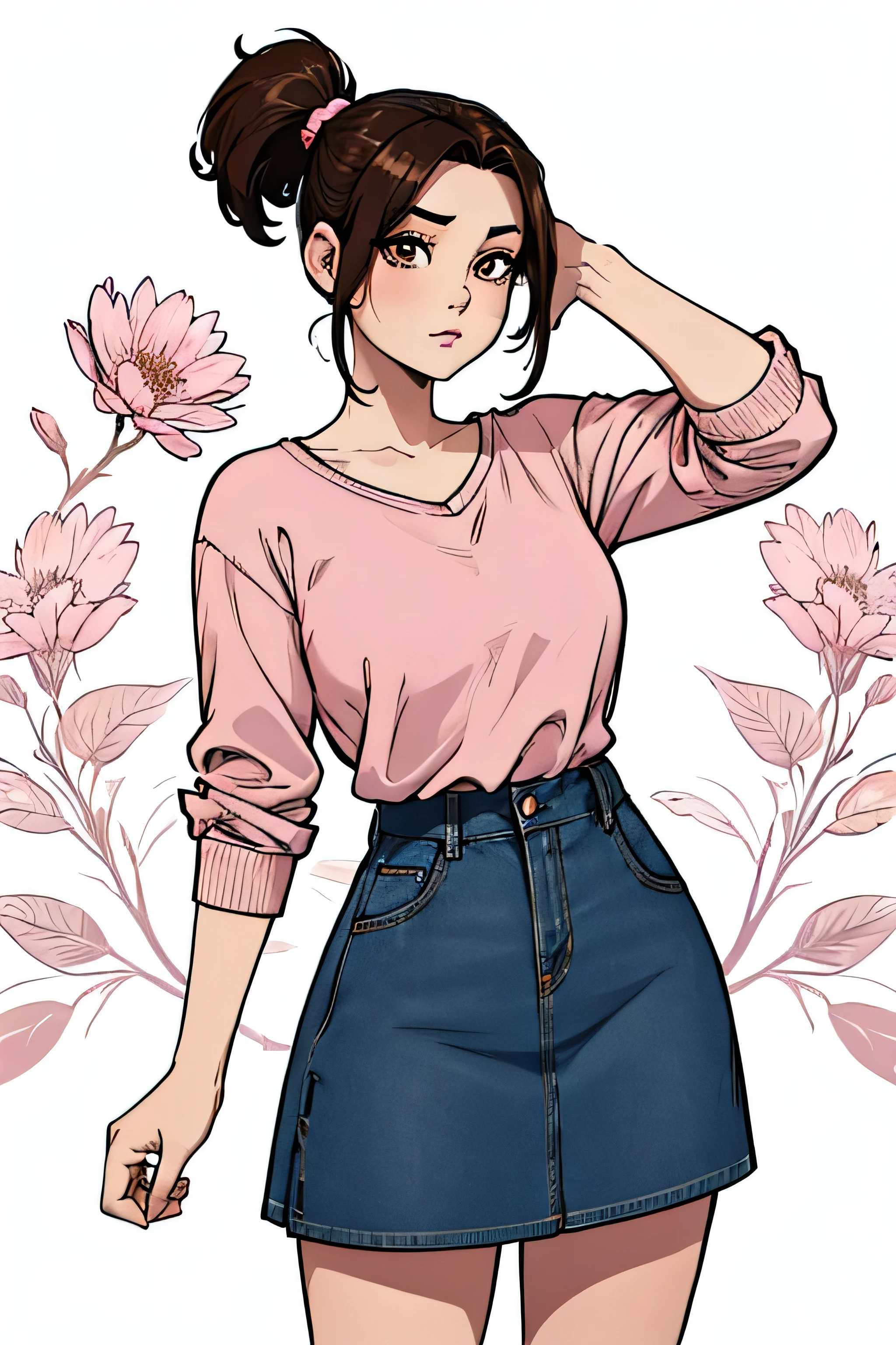 brown eyes, 8k, masterpiece, dark brown hair, short hair, woman, ponytail, attractive, Asain, pretty, denim skirt, best quality, hi-res, hi-resolution, brown eyes, pink blouse