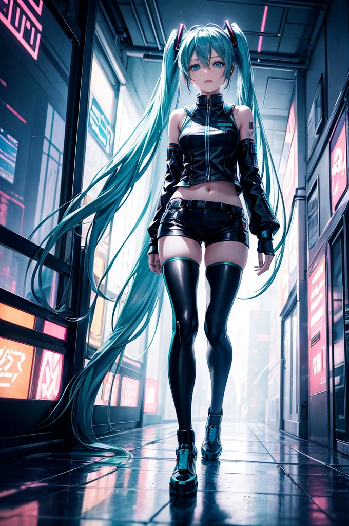 hatsune miku, full body, detailed face, beautiful blue eyes, long blue hair, cybergoth outfit, cyberpunk style, neon city background, dramatic lighting, vibrant colors, intricate details, photorealistic, 8k, best quality, masterpiece