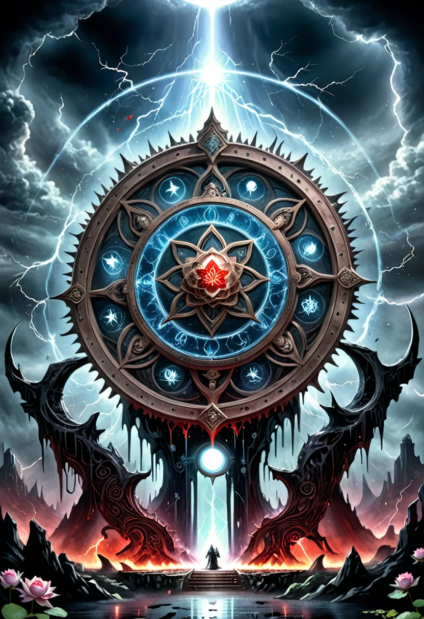 Lotus Altar,Blood spread,Strange Circle Event,Blood splatter,Pure cosmic energy transparent magic circle,Magic disc,The Wheel of Time and Space,Halo,Electric wheel,Polygons drawn with magic,Epic Fantasy,Epic surrealism,Epic Thunder Magic,Magnificent Totem,Gorgeous and mysterious magic light,Epic Black Magic,Grand Gothic style、Rainbow Colors、Rose