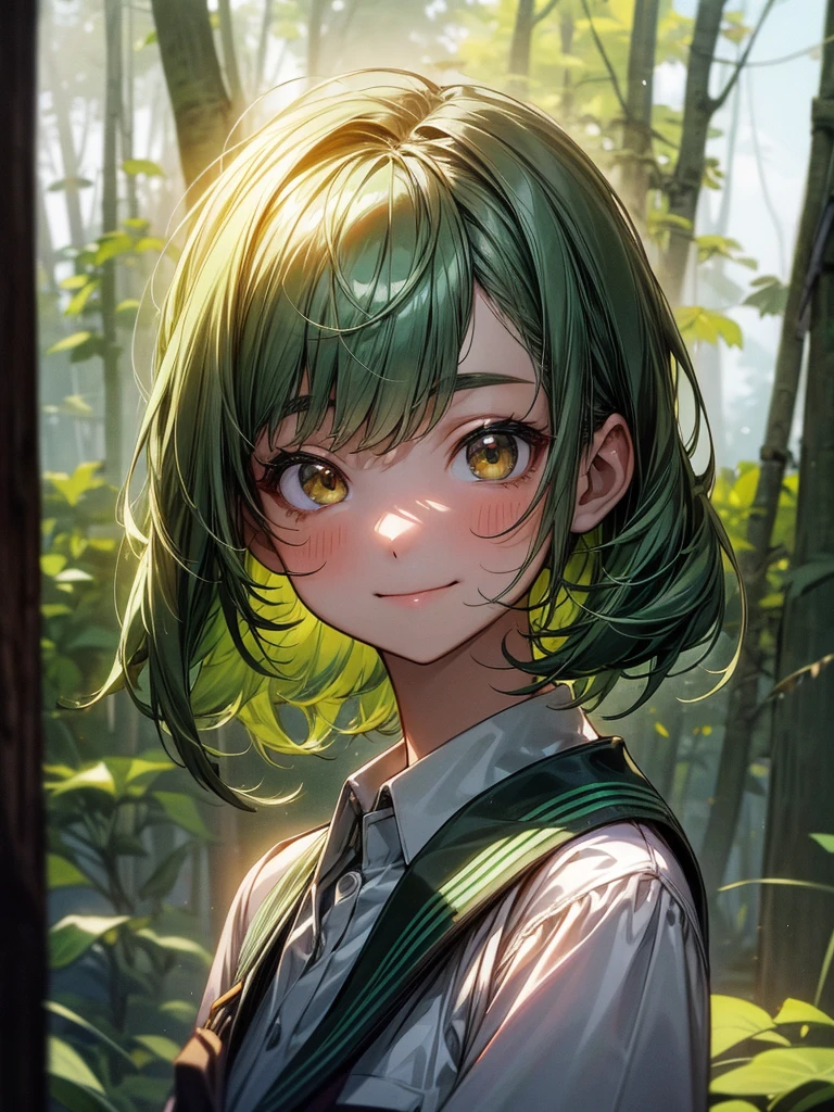 Young girl, short, messy green hair framing a face dominated by large, curious brown eyes and a warm smile. The uniform she wore identified her as a high school student. She is in a forest.