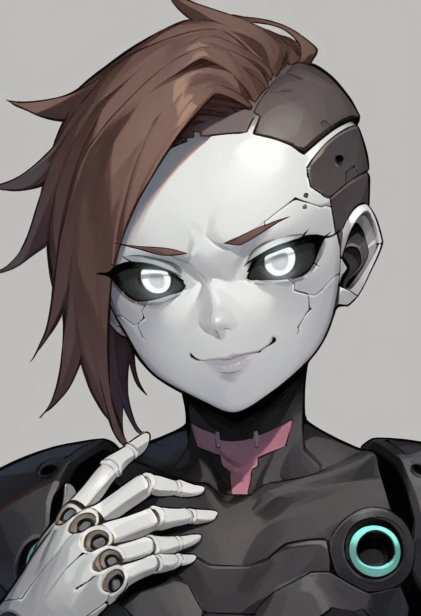 (Anime, 1girl, brown hair, grey eyes, dark punk clothes, punk clothes, portrait, Robot girl, Mecha, Android, joint limbs, robot joints, facial joints, metal pale skin, black sclera, no mouth, glowing eyes, no face, smug face), score_9, score_8_up, score_7_up