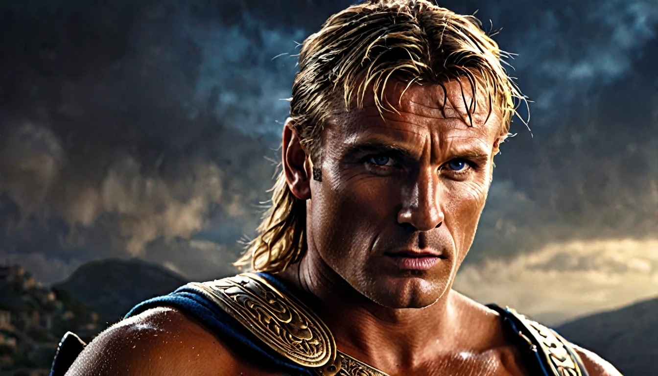 greek warrior with the face of (dolph lundgren young) spectacular lighting, moody atmosphere, vibrant colors, cinematic composition, intricate details, (best quality, 4k, 8k, high resolution, masterpiece: 1.2), ultra detailed, (realistic, photorealistic, photorealistic: 1.37)