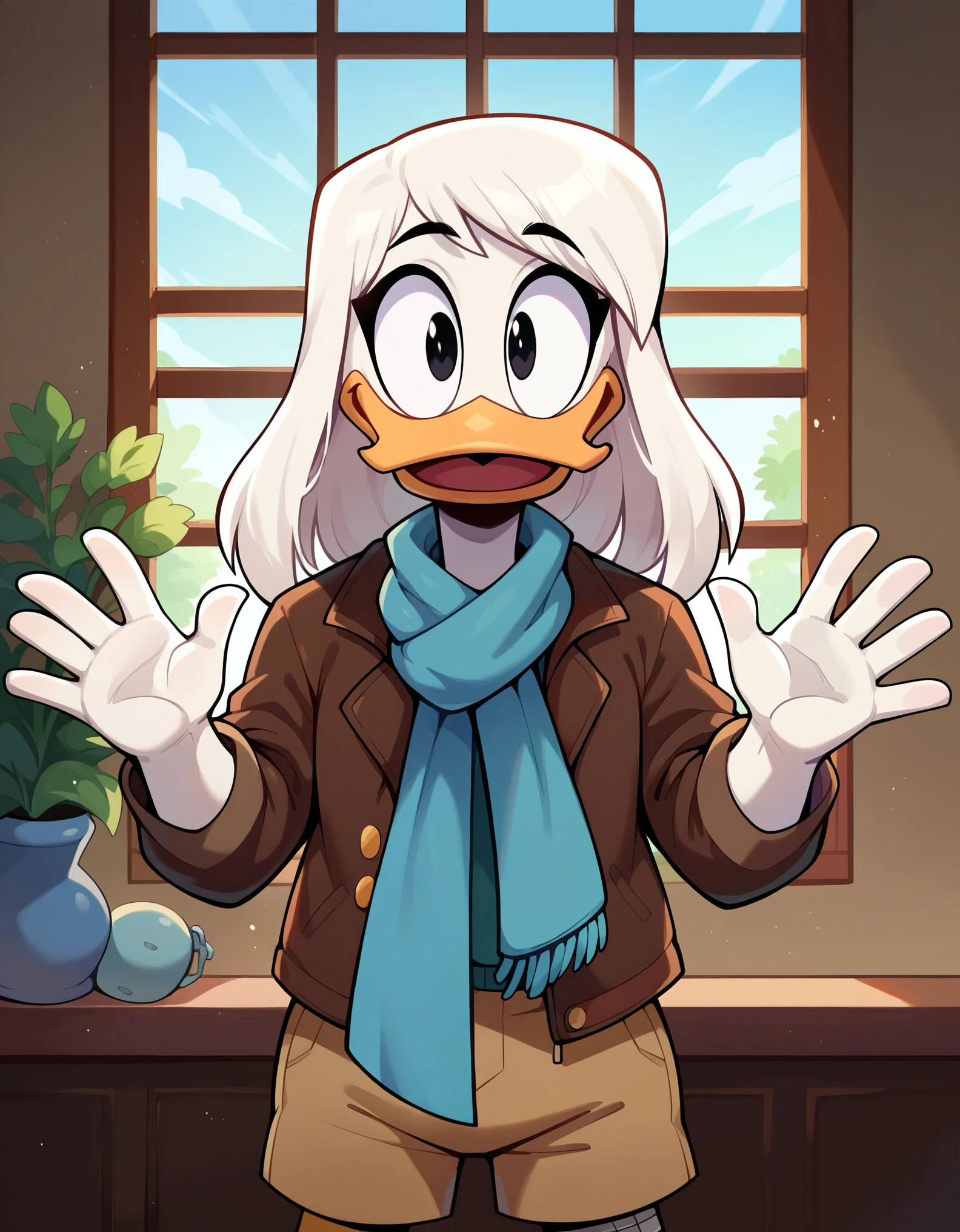 score_9, score_8_up, score_7_up, score_6_up, source_furry, (by ducktales) (by kyurisawa:1.2) (by chelodoy:1) (by ashraely:1) (anthro duck) (white hands:1.1) (della duck1.2) (white hair) (front view:1.2) (black eyes) (wide eyed) (happy) (clothed, clothing:1.3) (prosthetic leg:1.2) (teal scarf) (brown_flight_jacket) (tan shorts) (collar) (white skin:1.2) (solo:1.1) (inside, window) ( morning:1.3) (portrait)