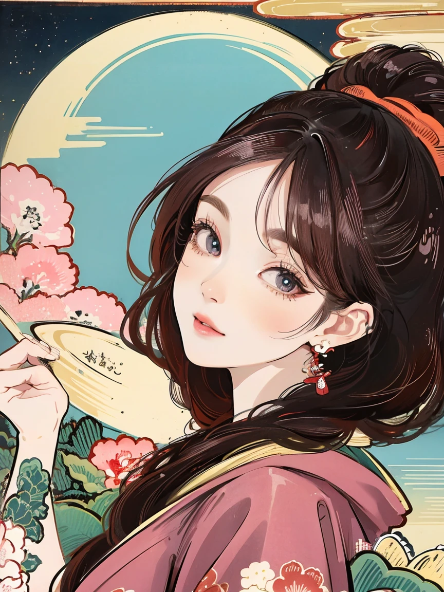 (Highest quality、 8k 、masterpiece、High resolution)、(whole body)、Vibrant colors、Brown-black bob、Traditional topknot、Ample breasts、(Highly detailed face and eyes,Beautiful Face,Beautiful Eyes,Beautiful nose,Pretty lips)、Official Art、Ukiyo-e style、 (Beautiful woman in kimono)、(Vivid floral patterned kimono)、background、river、bridge、Mountain、wood、Starry Sky、moon、plum、Lantern、