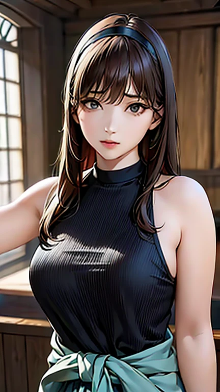 ((Highest quality、masterpiece、8k、Realistic、超High resolution、Very delicate and beautiful、High resolution、Cinema Lighting))、hourglass figure:1.6、Big Breasts 、((Cleavage、Short black pullover:1.6, Grey pencil skirt, White hair band:1.8, Black belt around the waist))、((Long reddish brown hair:1.6 、Hazel Eyes)), On all fours:1.8