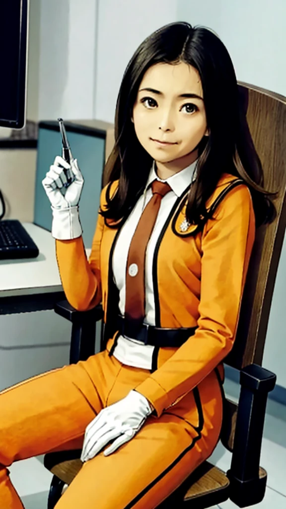 masterpiece, best quality, solo,1girl,looking at viewer,anime style,Inside the Science Special Search Party HQ、
fujiakiko Science Special Search Party、In front of the computer at headquarters、Wearing white gloves、Photograph from the front、beautiful、Sitting in a chair