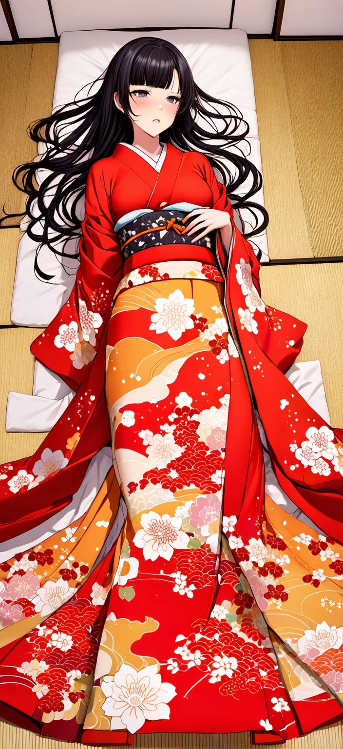 Close-up of a woman with black straight hime cut hair wearing a red and orange dress, Red kimono with flower patterns, From the Sengoku period, Long and beautiful kimono, Flowing hair and long, super shiny robes, Red kimono, Japanese Kimono, Wearing Imperial Kimono, Wearing kimono and armor, In kimono, Safety, kimono, Hakama kimono, Inspired by Fujiwara Takanobu, pale and colouRed kimono　She is laid down on the futon, exposing her nipples, writhing and crying.