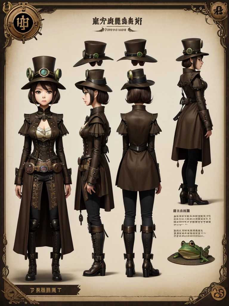 Frog-like face、Distant eyes、Big Mouth、Low Nose、steampunk、Three-dimensional view、Front, side and back view、Character Sheet、Standing woman