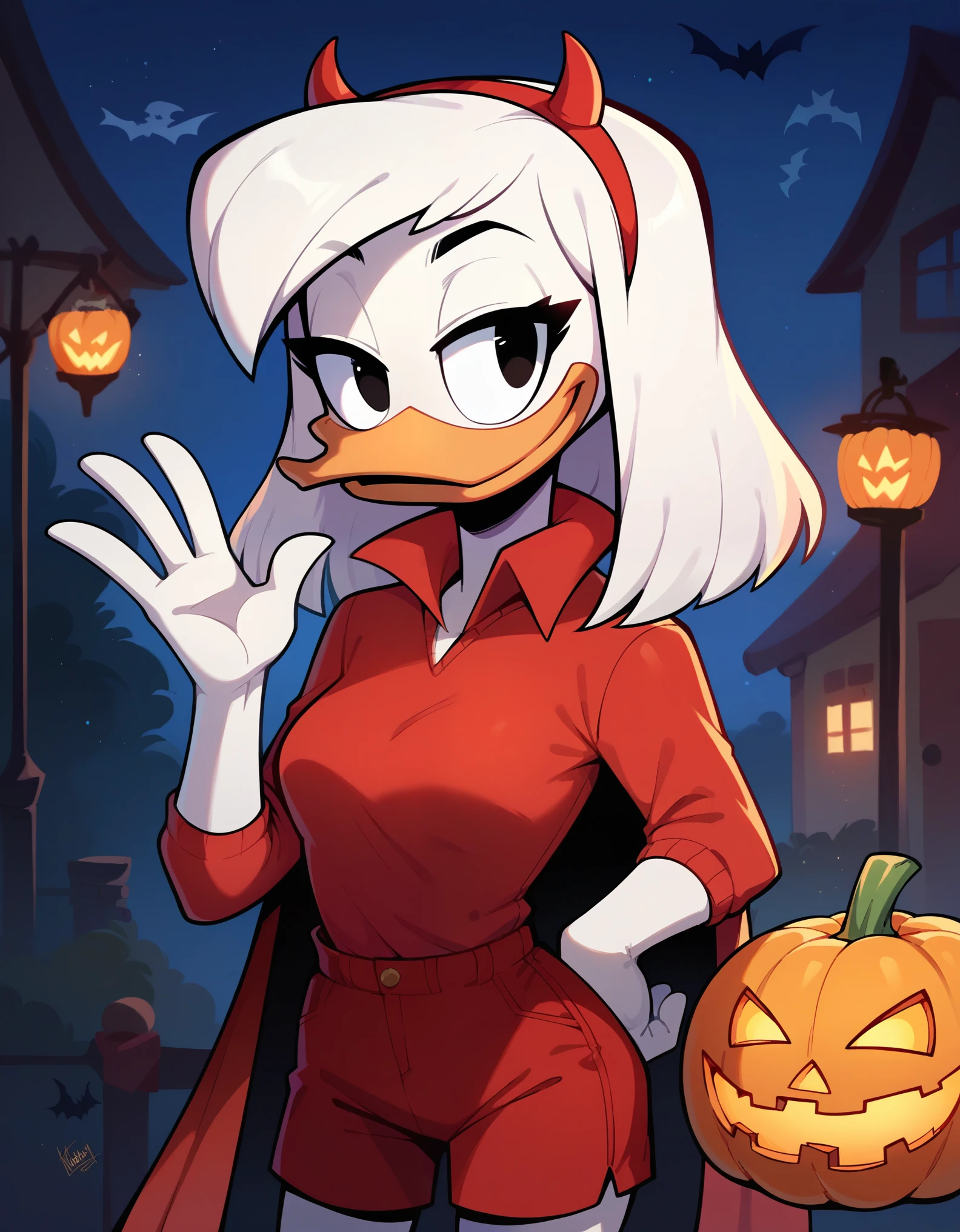 score_9, score_8_up, score_7_up, score_6_up, source_furry, by ducktales, anthro duck, white hands, della duck, white hair, black eyes, narrowed eyes, happy, clothed, clothing, (devil costume, fake horns, red sweater, red shorts, cape), standing, white skin, solo, haunted, outside, halloween, jack-o'-lantern, night