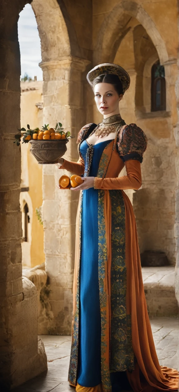 Madame Loch holding a vase with oranges full body dressed in beautiful medieval style