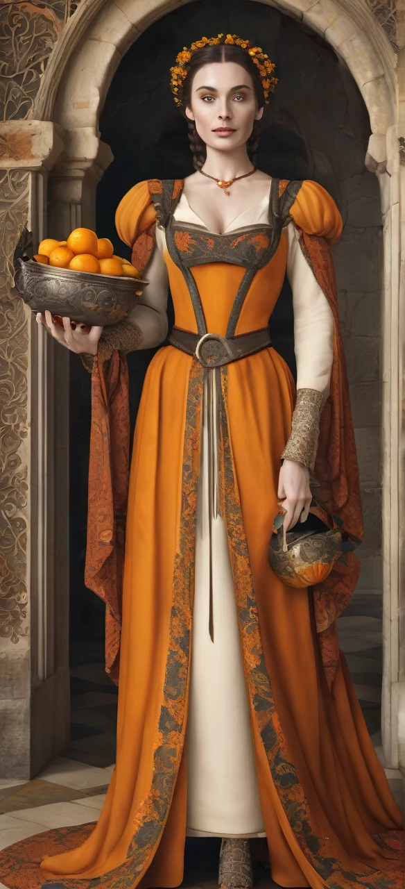 Madame Loch holding a vase with oranges full body dressed in beautiful medieval style