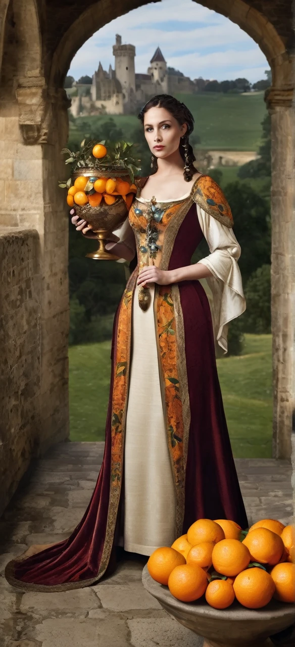 Madame Loch holding a vase with oranges full body dressed in beautiful medieval style