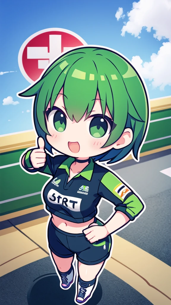 girl with short greenish hair giving a thumbs up to the camera automotive sportswear