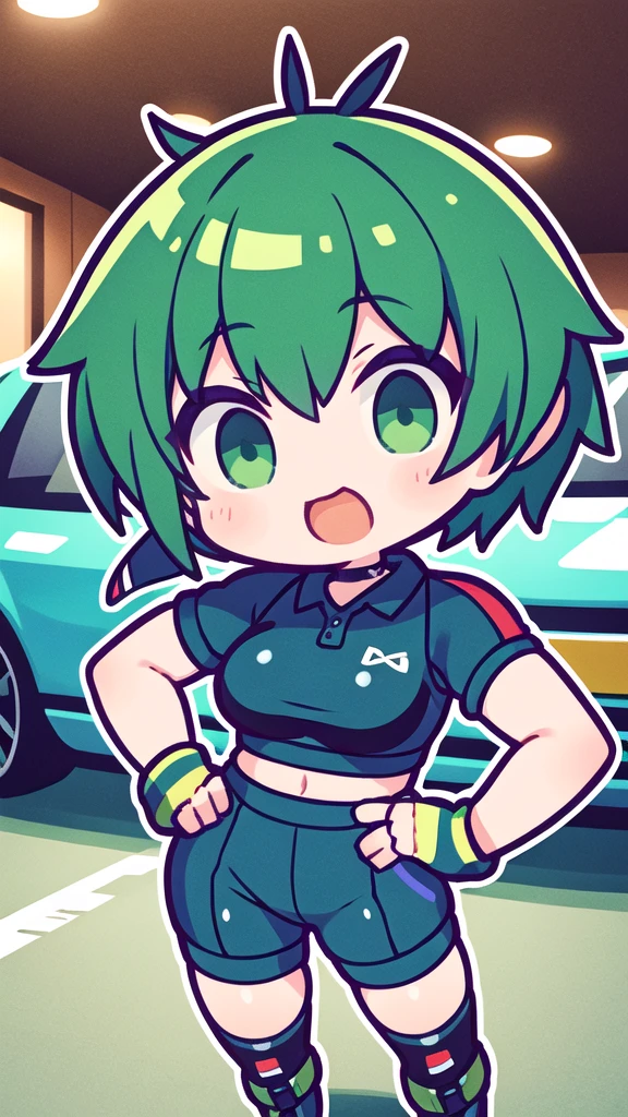 girl with short greenish hair giving a thumbs up to the camera automotive sportswear