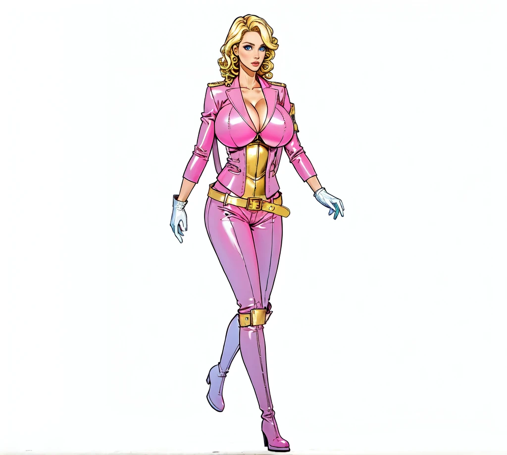 adult woman, blonde curly hair, pink latex blazer  outfit,pink shoulder pads, pink boots,gold belts, white gloves, blue eyes, big breast,2walking