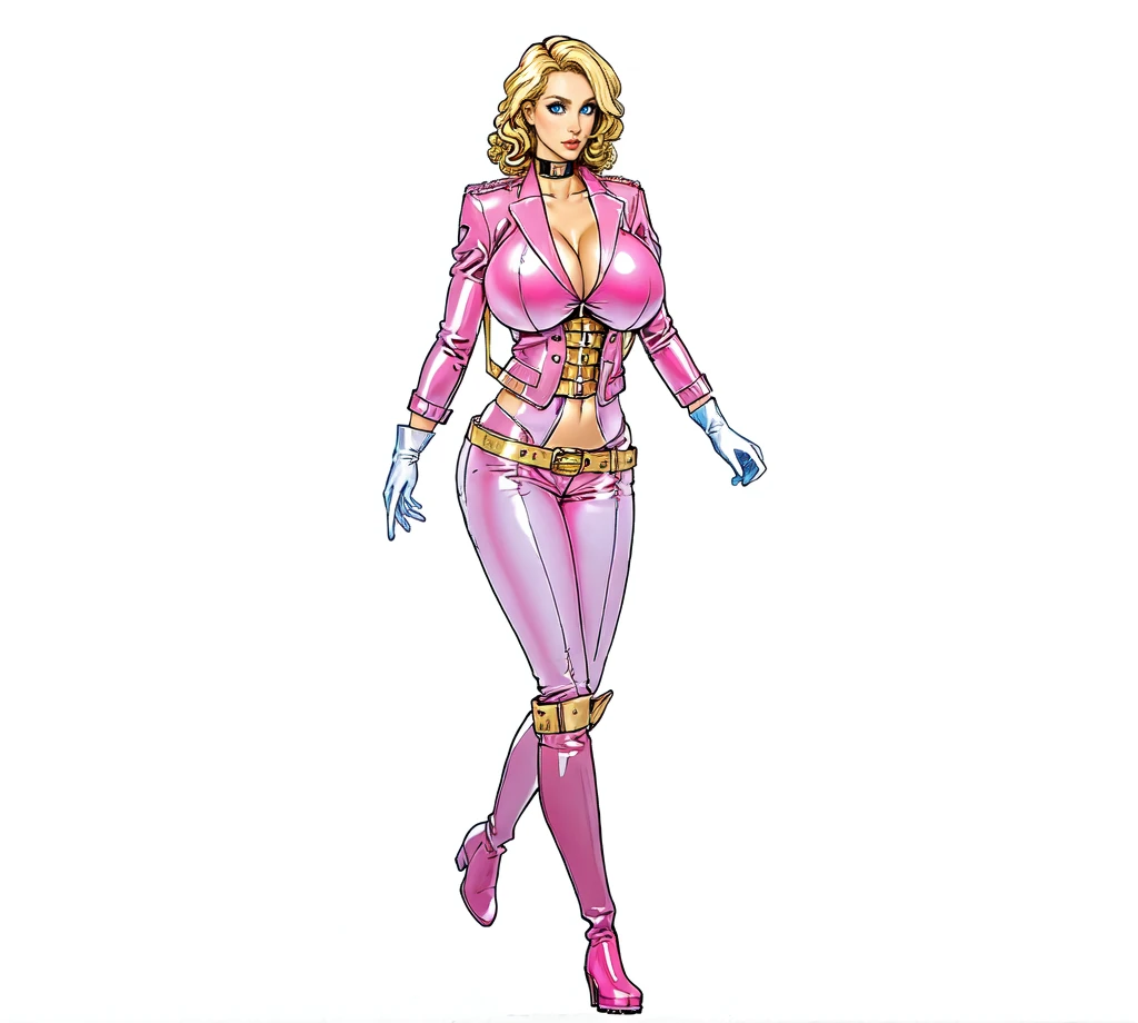 adult woman, blonde curly hair, pink latex Blazer Suit,gold belts, pinkt latex Trousers,white gloves, blue eyes, big breast,pink longboots,standing