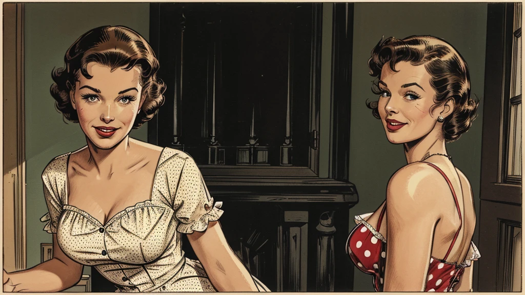 The vintage advertisement appears to celebrate 1950s domesticity at first glance. In the foreground, a smiling housewife poses holding a vintage vacuum, embodying the can-do attitude of the era's homemakers. She wears a classic polka-dot dress with a modest sweetheart neckline that hints at her shapely figure and large breasts. Perfectly coiffed brunette curls frame her made-up face.
In the background is a horrible, horrible, scary, frightening monster, a horrible, horrible, scary, frightening monster, a horrible, horrible, scary, frightening monster. Blending the saccharine-sweet feminine ideals of the era with a full-blown sci-fi horror beyond imagination!