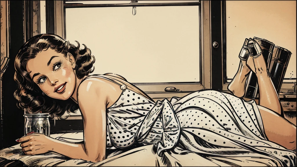 The vintage advertisement appears to celebrate 1950s domesticity at first glance. In the foreground, a smiling housewife poses holding a vintage vacuum, embodying the can-do attitude of the era's homemakers. She wears a classic polka-dot dress with a modest sweetheart neckline that hints at her shapely figure and large breasts. Perfectly coiffed brunette curls frame her made-up face.
In the background is a horrible, horrible, scary, frightening monster, a horrible, horrible, scary, frightening monster, a horrible, horrible, scary, frightening monster, staring directly at the housewife's ass. Blending the saccharine-sweet feminine ideals of the era with a full-blown sci-fi horror beyond imagination!