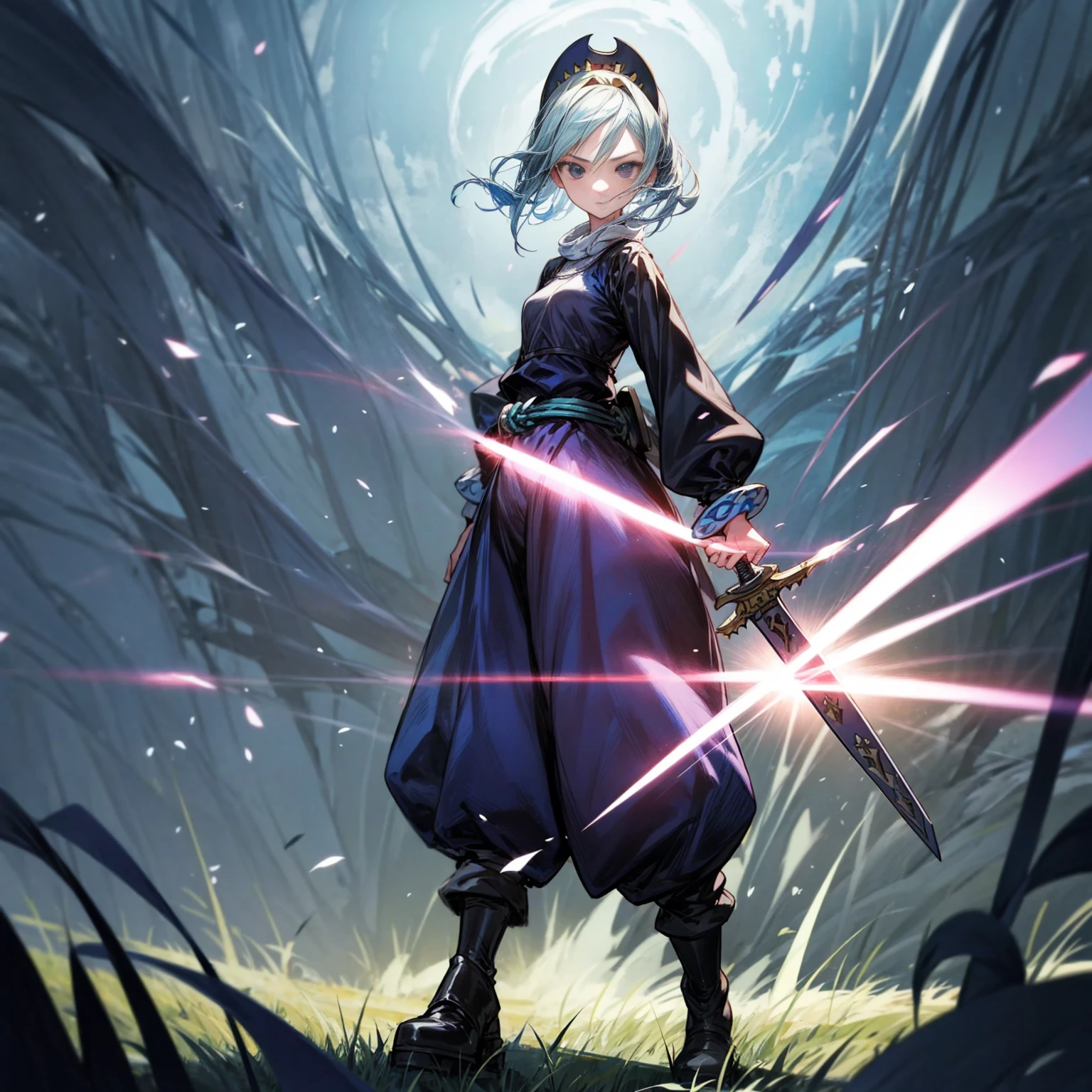 1girl, Full body version, 1character, black eyes, long Frizzy haircut, blue colour hair, medieval clothing, long pants, headband, boots, Grassroots, full background in field town, motion blur, lighting, (one piece art), standing poses, sword in hand