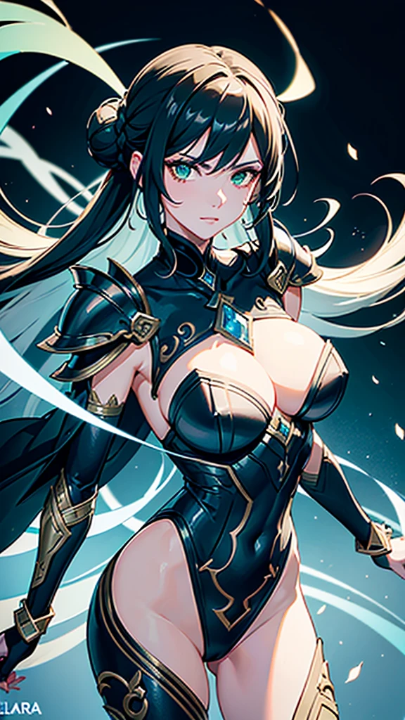 She has a mature, defined face with a firm jawline and high cheekbones, intense green eyes, and long black hair styled in an elegant bun with loose strands framing her face. Her skin is tanned and glowing. She has a curvier and more athletic physique, with well-defined muscles and an imposing yet graceful presence. Elara is wearing an elaborate armor made from the spoils of Nargoth. The armor is dark metal with glowing runes and features blue, ice-like adornments. It includes stylized shoulder pads, a robust chestplate with dragon emblems, and a flowing cape, reflecting strength and elegance.