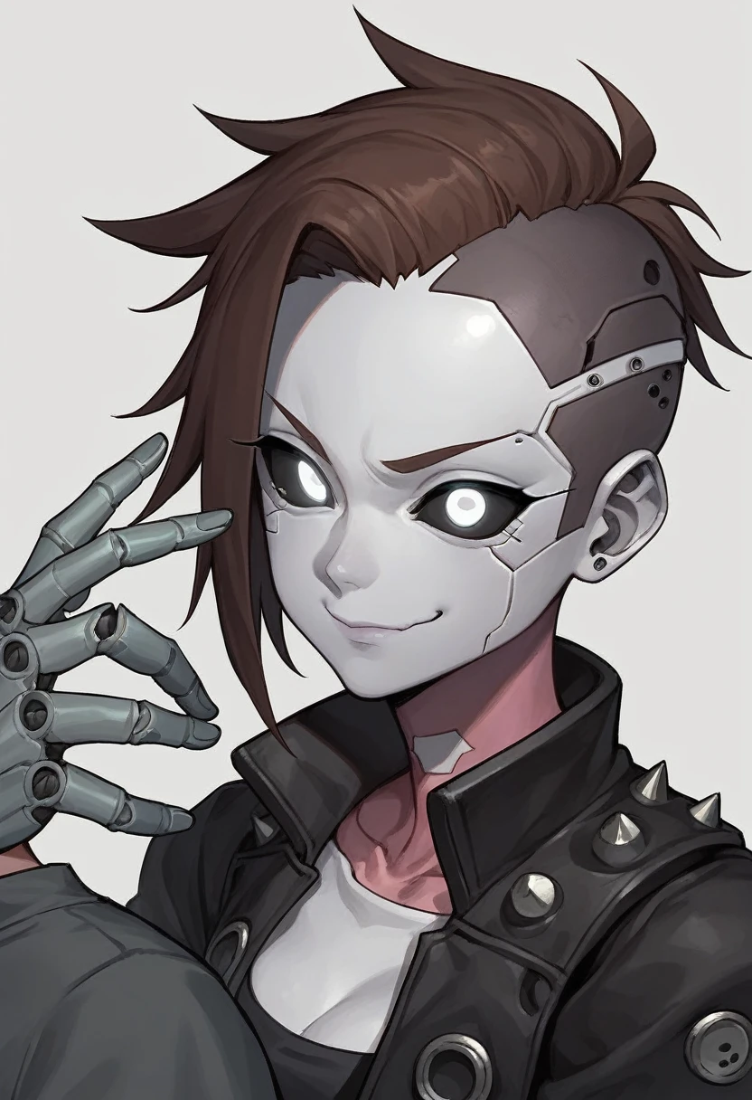 (Anime, 1boy, brown hair, grey eyes, dark punk clothes, punk clothes, portrait, Robot girl, Mecha, Android, joint limbs, robot joints, facial joints, metal pale skin, black sclera, no mouth, glowing eyes, no face, smug face), score_9, score_8_up, score_7_up