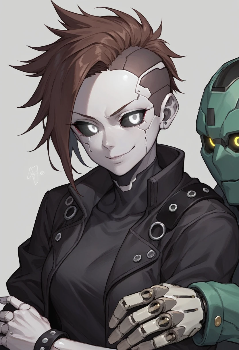 (Anime, 1boy, brown hair, grey eyes, dark punk clothes, punk clothes, portrait, Robot girl, Mecha, Android, joint limbs, robot joints, facial joints, metal pale skin, black sclera, no mouth, glowing eyes, no face, smug face), score_9, score_8_up, score_7_up