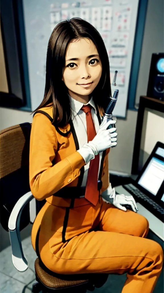 masterpiece, best quality, solo,1girl,looking at viewer,anime style,Inside the Science Special Search Party HQ、
fujiakiko Science Special Search Party、In front of the computer at headquarters、Wearing white gloves、At work、Give instructions through a microphone、Photograph from the front、beautiful、Sitting in a chair