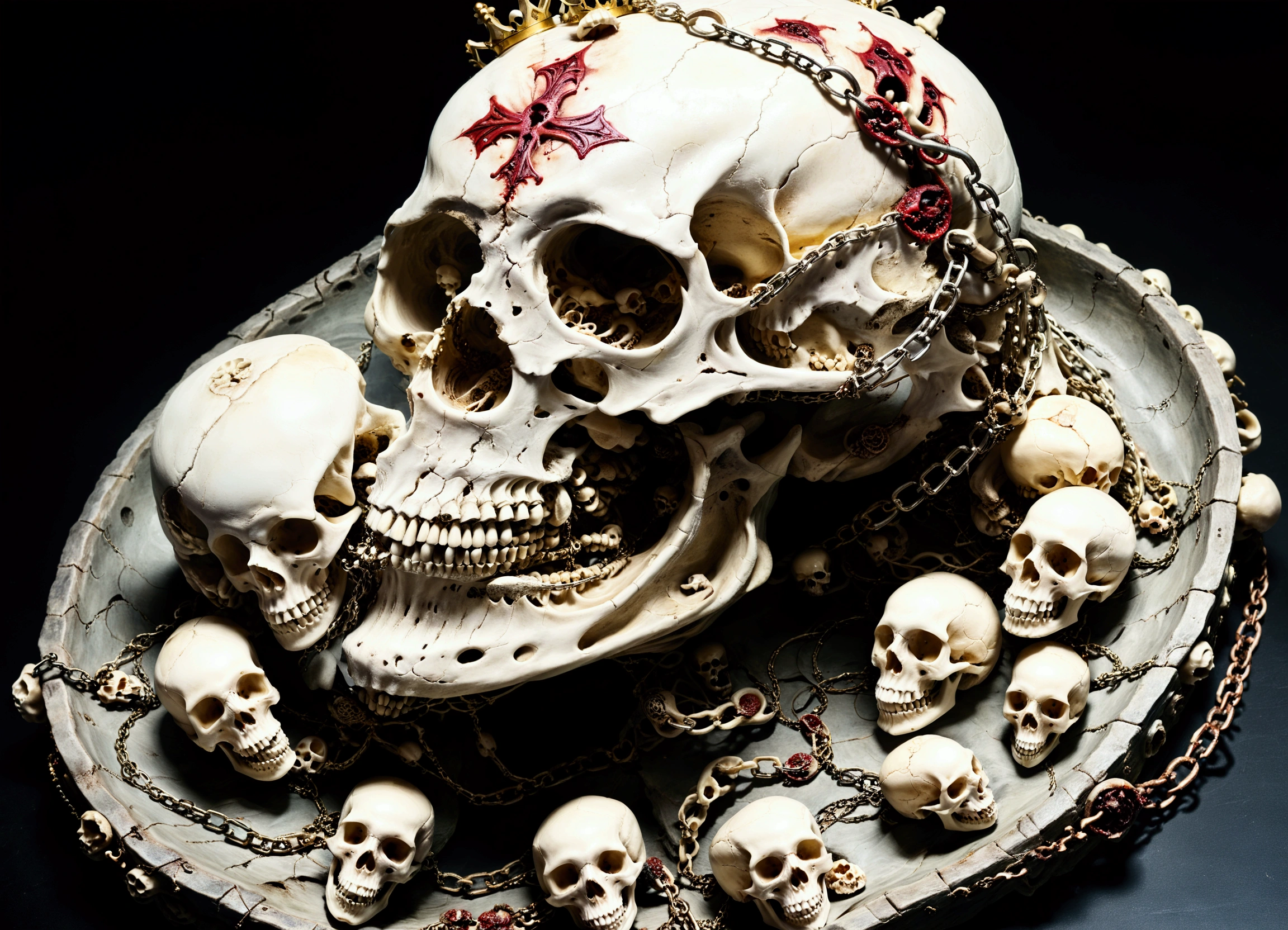 Dark ambient, Intricate Details, Studio Lights, Mystical Ambient, Mechanical, Asymmetric, Mystical Ambient, the result rendered must be made it from parts of the dead human bodies and skulls, skeletons of poisonous vipers and snakes and other reptiles, bones, worldly scum, still life should be surrounding the main objects artwork, horror, evil, hell, murdered innocents and must look very real with a blooded crown of spines, rusted and worn metallic chains and it must transmit the pain of the crucifixion of Jesus Christ, art by Carne Griffiths, Wadim Kashin, Anton Semeno aka Gloom82 and Tea Jagodic.