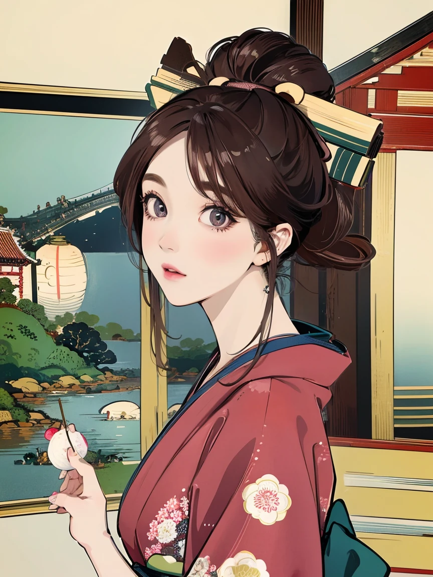 (Highest quality、 8k 、masterpiece、High resolution)、(whole body)、Vibrant colors、Brown-black bob、Traditional topknot、Ample breasts、(Highly detailed face and eyes,Beautiful Face,Beautiful Eyes,Beautiful nose,Pretty lips)、Official Art、Ukiyo-e style、 (Beautiful woman in kimono)、(Vivid floral patterned kimono)、background、river、bridge、Mountain、wood、Starry Sky、moon、plum、Lantern、