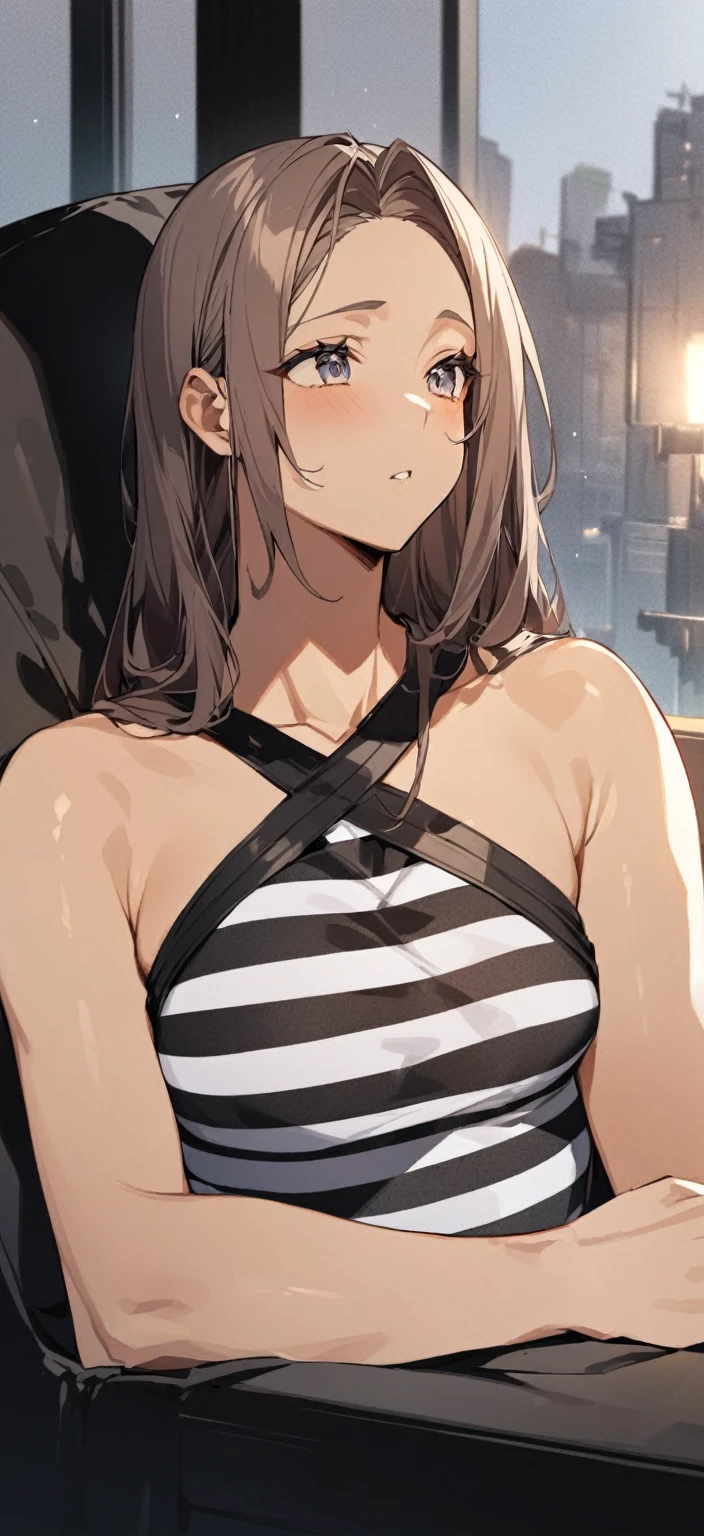 masterpiece, Highest quality, High resolution, One girl, Hamriz, ponytail, Brown eyes,big 、Upper body close-up、Muscular body、blush、Sweat、Composition from the front、anime、(((Micro Bikini)))、Outdoor swimming pool
