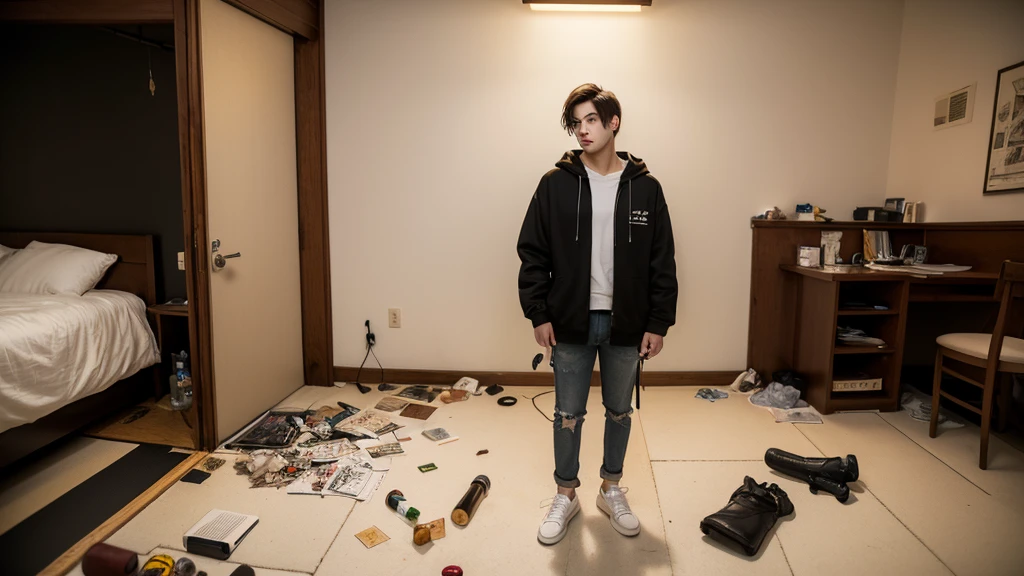 masterpiece, highest quality, (solo focus), (hyper detailed eyes), dramatic, 1 man, (pale skin), short brown hair, (thick eyebrows), solo, short hair, night, white hoodie and white shirt, black jacket, detailed background, cinematic lighting, japanese male, muscular, black jeans, black sneakers, handsome man, handsome face, sad blank face, glass of whiskey (on the floor), looking forward, holding a revolver in his left hand (Nambu Model 60 on the left hand), serious face, depressed stare, tired look, trashed room, empty alcohol bottles everywhere, standing, drunk pose, tall man,