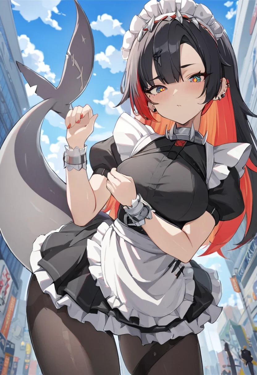 ellenjoe, ellen joe, black hair, colored inner hair, multicolored hair, (one red eye:1.3), red hair, two-tone hair, BREAK bapron, black pantyhose, black shirt, black skirt, ear piercing, fins, fish tail, maid, maid apron, maid headdress, pantyhose, piercing, puffy short sleeves, puffy sleeves, shark girl, shark tail, shirt, short sleeves, skirt, tail, two-tone hair, wrist cuffs, BREAK outdoors, city, sky, clouds, sun, park BREAK looking at viewer, (cowboy shot:1.5), BREAK (masterpiece:1.2), best quality, high resolution, unity 8k wallpaper, (illustration:0.8), (beautiful detailed eyes:1.6), extremely detailed face, perfect lighting, extremely detailed CG, (perfect hands, perfect anatomy)