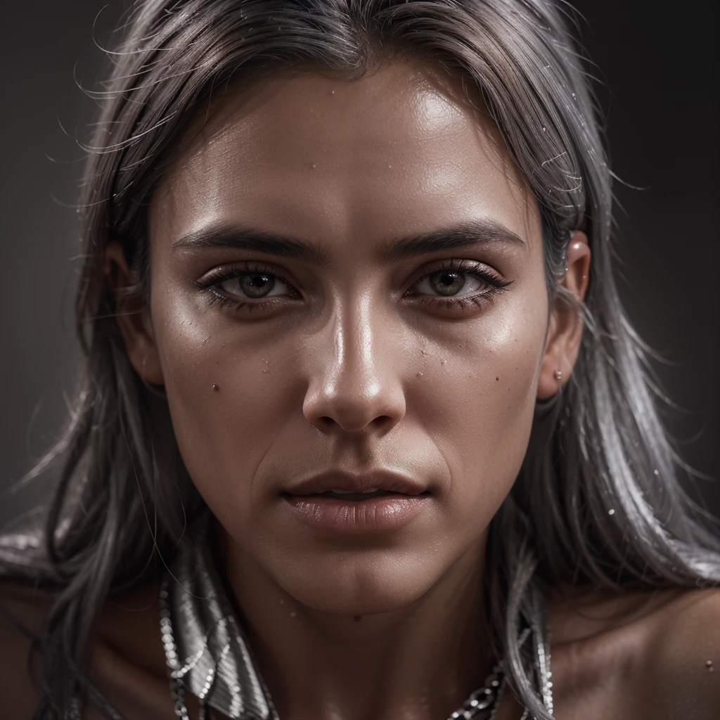 a young man with full, reddish lips, silver-gray hair, moonlike eyes, and skin like caramelized honey, hyper-detailed portrait, ethereal, dramatic lighting, cinematic, 8k, photorealistic, chiaroscuro, moody, brooding expression, intricate details, intricate facial features, sharp focus, seamless blending, rich color palette, warm tones, digital painting