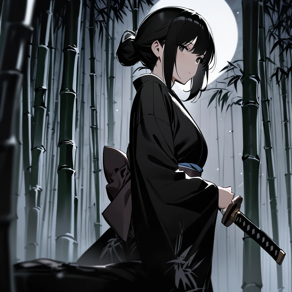 Top quality, masterpiece, high resolution, solo, sumi-e style, samurai girl, long black hair that reaches her shoulders, black eyes, kimono, holding a Japanese sword, beautiful posture, bamboo forest, moonlit night