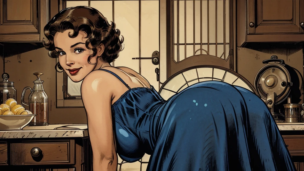 The vintage advertisement appears to celebrate 1950s domesticity at first glance. In the foreground, a smiling housewife poses holding a vintage vacuum, embodying the can-do attitude of the era's homemakers. She wears a classic polka-dot dress with a modest sweetheart neckline that hints at her shapely figure and large breasts. Perfectly coiffed brunette curls frame her made-up face.
In the background is a horrible, horrible, scary, frightening monster, a horrible, horrible, scary, frightening monster, a horrible, horrible, scary, frightening monster, staring directly at the housewife's ass. Blending the saccharine-sweet feminine ideals of the era with a full-blown sci-fi horror beyond imagination!