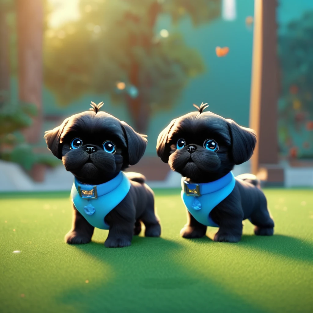 2 adorable small shih black shih tzu puppies wearing blue collars with bright blue eyes playing in park 3D Pixar style