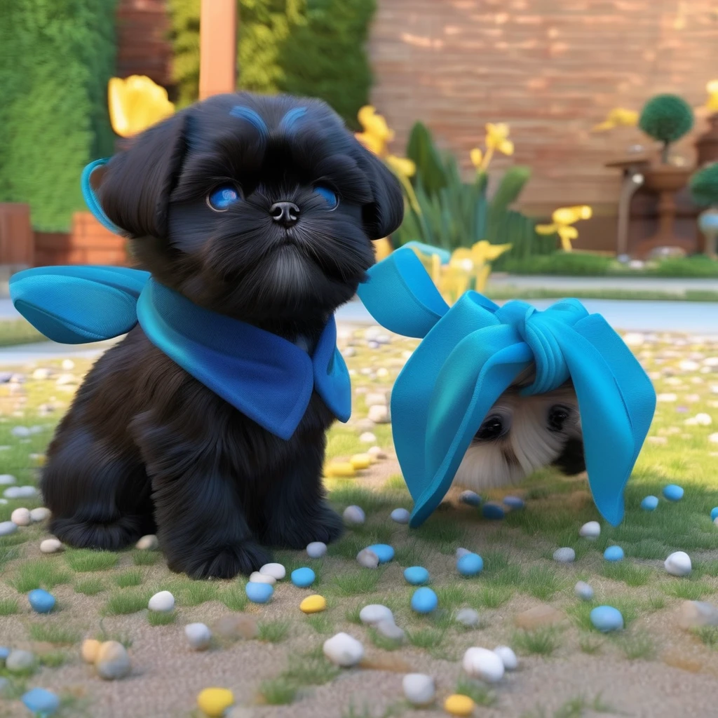 2 adorable small shih black shih tzu puppies wearing blue collars with bright blue eyes playing in park 3D Pixar style