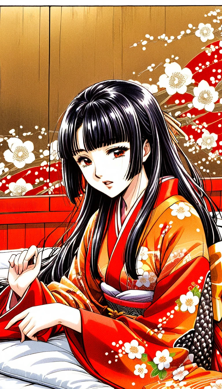 Close-up of a woman with black straight hime cut hair wearing a red and orange dress, Red kimono with flower patterns, From the Sengoku period, Long and beautiful kimono, Flowing hair and long, super shiny robes, Red kimono, Japanese Kimono, Wearing Imperial Kimono, Wearing kimono and armor, In kimono, Safety, kimono, Hakama kimono, Inspired by Fujiwara Takanobu, pale and colouRed kimono　She is laid down on the futon, exposing her nipples, writhing and crying.