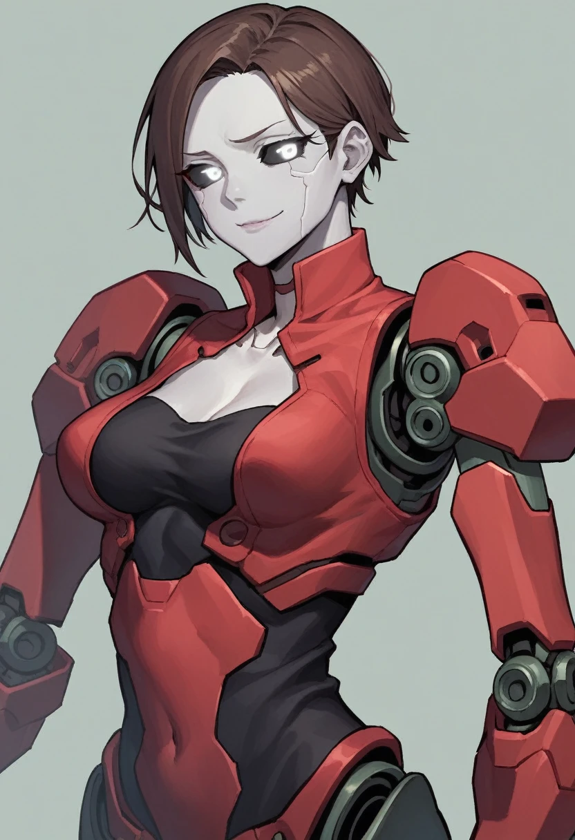 (Anime, 1girl, brown hair, grey eyes, dark punk clothes, uncomfortable with red elegant dress, portrait, Robot girl, Mecha, Android, joint limbs, robot joints, facial joints, metal pale skin, black sclera, no mouth, glowing eyes, no face, smug face), score_9, score_8_up, score_7_up