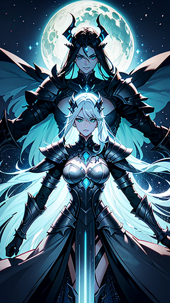 She has a mature, defined face with a firm jawline and high cheekbones, intense green eyes, and long black hair with loose strands framing her face. Her skin is tanned and glowing. She has a curvier and more athletic physique, with well-defined muscles and an imposing yet graceful presence. Elara is wearing an elaborate armor made from the spoils of Nargoth. The armor is dark metal with glowing runes and features blue, ice-like adornments. It includes stylized shoulder pads, a robust chestplate with dragon emblems, and a flowing cape, reflecting strength and elegance.