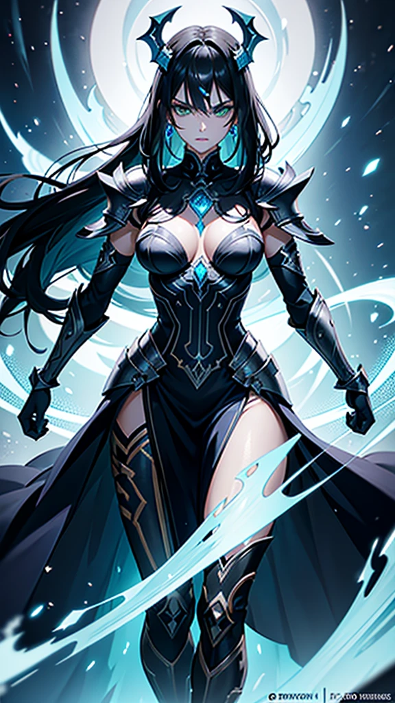 She has a mature, defined face with a firm jawline and high cheekbones, intense green eyes, and long black hair with loose strands framing her face. Her skin is tanned and glowing. She has a curvier and more athletic physique, with well-defined muscles and an imposing yet graceful presence. Elara is wearing an elaborate armor made from the spoils of Nargoth. The armor is dark metal with glowing runes and features blue, ice-like adornments. It includes stylized shoulder pads, a robust chestplate with dragon emblems, and a flowing cape, reflecting strength and elegance.